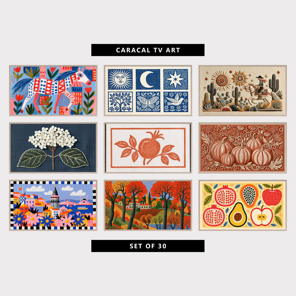 9 folk art TV artworks: colorful Horse & Tulips, celestial Sun, Moon & Stars, vintage Embroidery Style Cowboy & Cactus, embroidery Style Hydrangea Flower, vintage Pomegranate Linocut, folk Art Pumpkins & Wildflowers, embroidery Style Istanbul Galata Tower, folk Art Autumn Countryside & Farmhouse, colorful Folk Art Pomegranate, Avocado & Apple