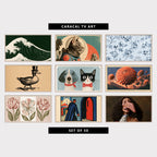 9 vintage TV artworks: black and White Japanese Wave, vintage Astronaut Cat & Moon Lander, vintage Toile Wild Roses & Berries, vintage Duck in a Top Hat, Engraving Style, cute Vintage Pet Portrait, retro Dahlias, Ancient Pyramids & Moon, vintage Botanical Tulips Triptych, woodcut Monk at a Church Door & Village Festival, vintage Baroque Portrait with a Big Nose