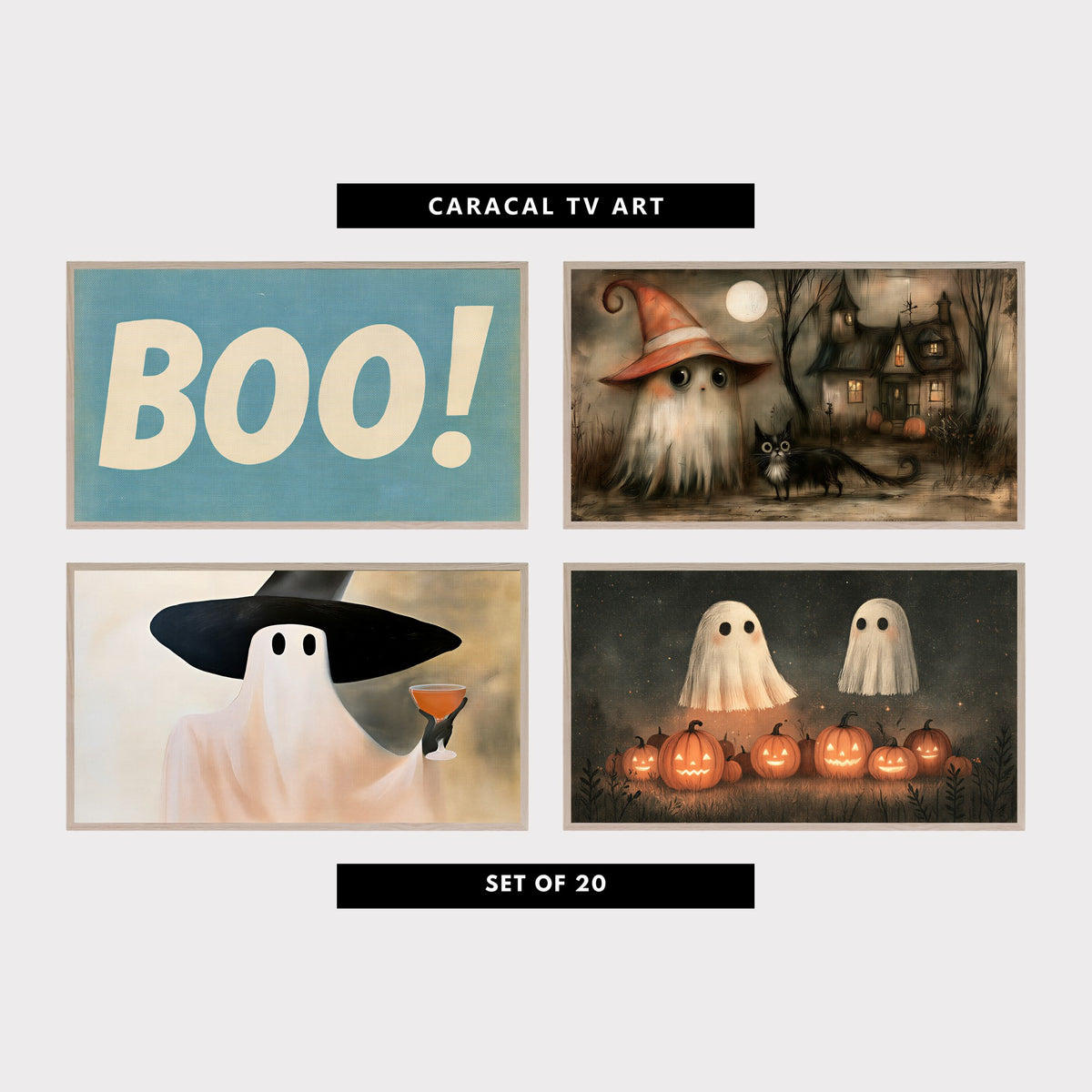 Four Halloween TV artworks: a retro BOO on blue, a witch ghost with a black cat, a ghost with a cocktail and two ghosts