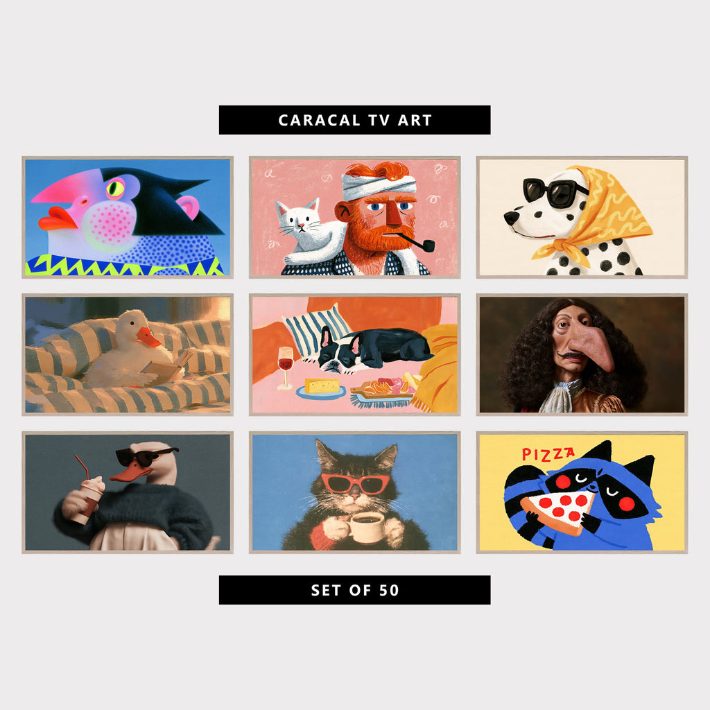 Nine funny TV artworks: pop art penguin, red-bearded man with a white cat and a pipe, dalmatian in sunglasses and a yellow headscarf, duck reading a book in bed, french bulldog asleep by wine and cheese, baroque gentleman with a very big nose, cool duck in sunglasses with a milkshake, cat in red sunglasses with a coffee, raccoon with a pizza slice