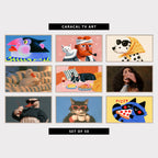 Nine funny TV artworks: pop art penguin, red-bearded man with a white cat and a pipe, dalmatian in sunglasses and a yellow headscarf, duck reading a book in bed, french bulldog asleep by wine and cheese, baroque gentleman with a very big nose, cool duck in sunglasses with a milkshake, cat in red sunglasses with a coffee, raccoon with a pizza slice