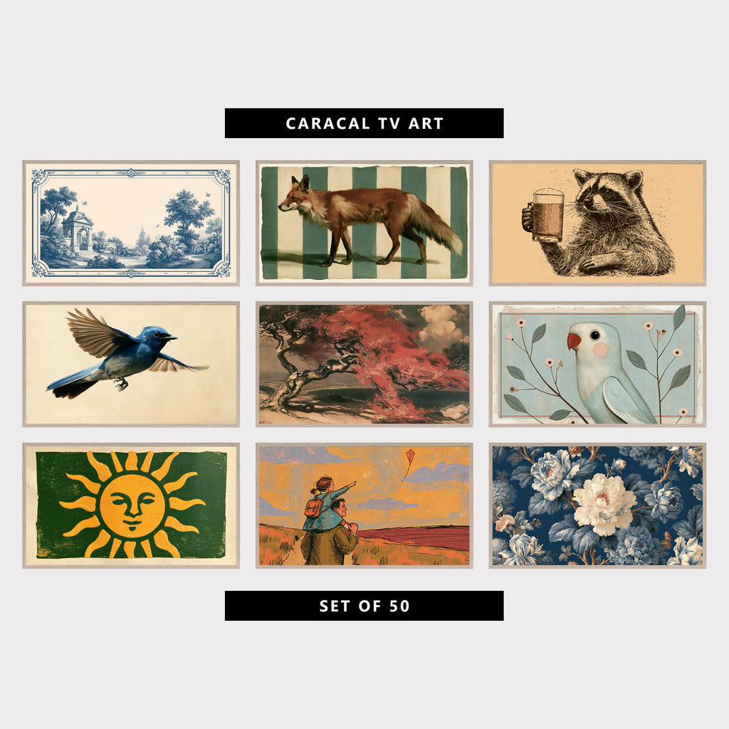 9 vintage TV artworks: vintage Toile Garden Pavilion & Songbirds, vintage Red Fox & Stripes, funny Vintage Beer Mug Engraving, vintage Blue Flycatcher, Naturalist Study, vintage Japanese Tree & Clouds, vintage Parrot & Botanical Branches, vintage Woodblock Sun Face, mid Century Father & Daughter with a Kite, grandmillennial Peonies & Chintz Flowers