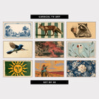 9 vintage TV artworks: vintage Toile Garden Pavilion & Songbirds, vintage Red Fox & Stripes, funny Vintage Beer Mug Engraving, vintage Blue Flycatcher, Naturalist Study, vintage Japanese Tree & Clouds, vintage Parrot & Botanical Branches, vintage Woodblock Sun Face, mid Century Father & Daughter with a Kite, grandmillennial Peonies & Chintz Flowers