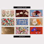 9 floral TV artworks: vintage Botanical Tulips Triptych, moody Blossom Branches, modern Floral Still Life, Peonies & Orchids, colorful Painted Roses & Red Berries, modern Paper Cut Flowers & Grape Vines, modern Poppy Flowers, vintage Japanese Blossom Branches, colorful Flower Market Bouquets, funky Portrait of a Woman with Flowers