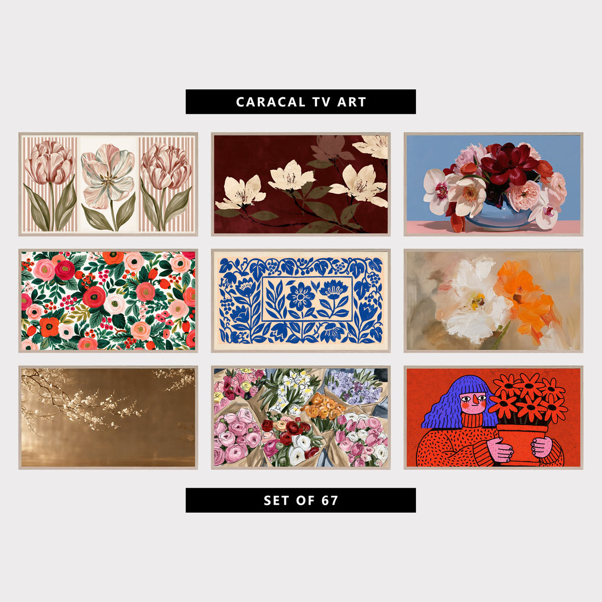 9 floral TV artworks: vintage Botanical Tulips Triptych, moody Blossom Branches, modern Floral Still Life, Peonies & Orchids, colorful Painted Roses & Red Berries, modern Paper Cut Flowers & Grape Vines, modern Poppy Flowers, vintage Japanese Blossom Branches, colorful Flower Market Bouquets, funky Portrait of a Woman with Flowers