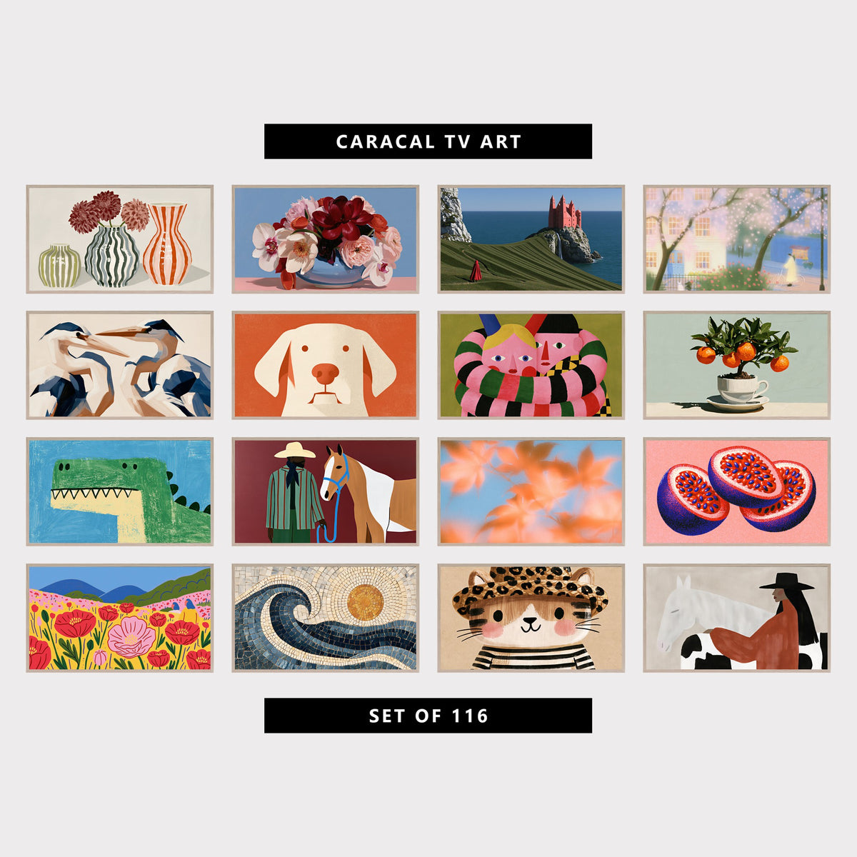 16 modern TV artworks: mid Century Striped Vases & Dahlias, modern Floral Still Life, Peonies & Orchids, surreal Fairytale Castle on a Sea Cliff, pastel Cherry Blossom Street & Bicycle, modern Abstract Blue Herons, modern Minimalist Dog Portrait, funny Modern Portrait, Long Striped Arms, modern Minimalist Orange Tree in a Teacup, funny Green Dinosaur T Rex, modern Cowboy & Horse, modern Minimalist Autumn Leaves, colorful Passion Fruit, colorful Poppy Field, and more
