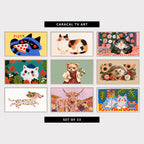 9 cute TV artworks: cute Raccoon with Pizza, minimalist Chubby Calico Cat, tabby Cat Eating Pasta & Flowers, cute Cat & Autumn Leaves, cute Watercolor Style Bear in a Dress, cute Hedgehog with Sunflowers & Daisies, cute Running Dachshund, Wiener Dog, cute Highland Cow & Autumn Maple Leaves, colorful Folk Art Striped Cat & Monstera