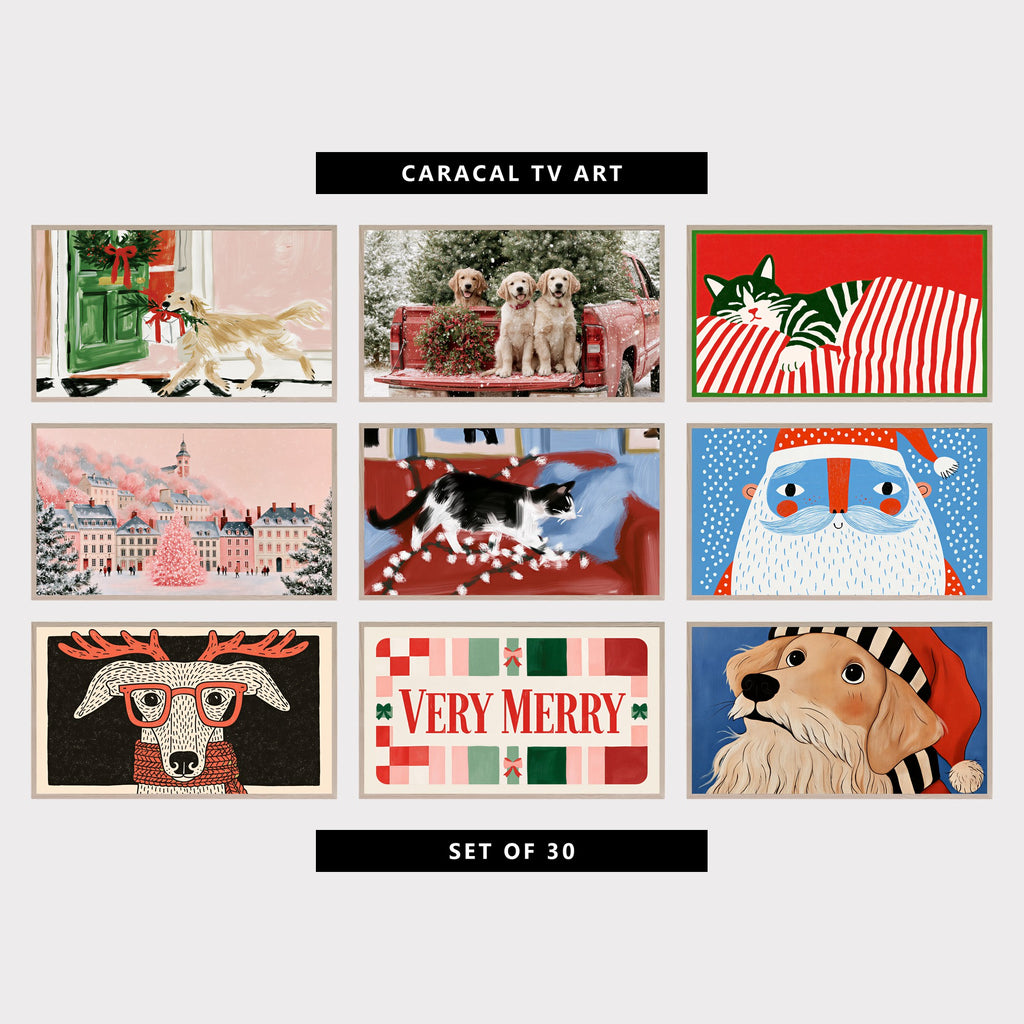 Nine modern Christmas TV artworks: golden dog carrying a present past a wreath door, puppies in a red truck with a Christmas tree, cat asleep on candy cane stripes, pink Christmas tree in a snowy village, tuxedo cat on a red couch with lights, polka dot Santa, whippet in red antlers and glasses, "Very Merry" lettering, golden retriever in a Santa hat