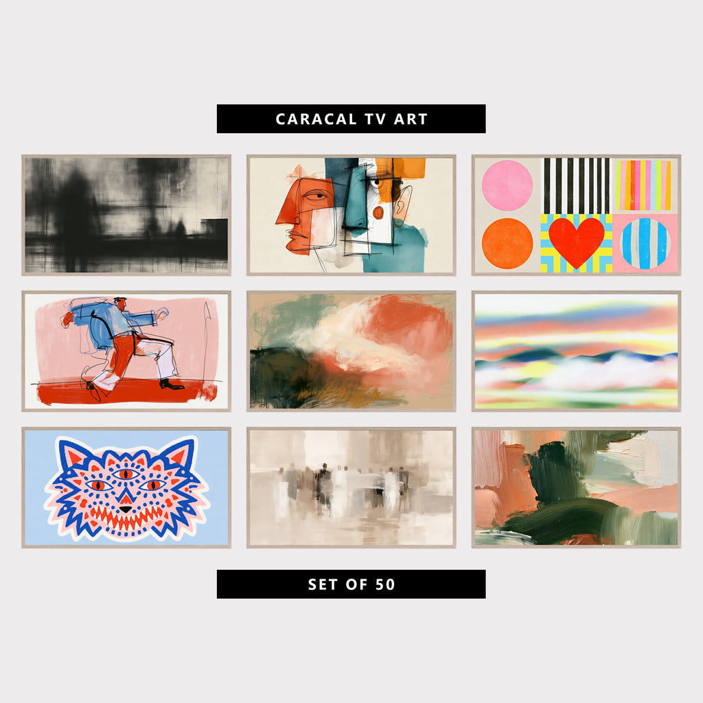 9 abstract TV artworks: moody Black and White Misty Texture, modern Cubist Faces Line Art, colorful Shapes, Stripes & Heart, abstract Dancing Man Line Art, modern Chalk Pastel Landscape, modern Misty Hills & Sunset Sky, three-Eyed Wolf Face, modern Abstract Crowd of Figures, modern Textured Impasto Brushstrokes