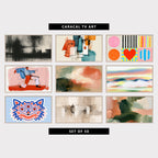 9 abstract TV artworks: moody Black and White Misty Texture, modern Cubist Faces Line Art, colorful Shapes, Stripes & Heart, abstract Dancing Man Line Art, modern Chalk Pastel Landscape, modern Misty Hills & Sunset Sky, three-Eyed Wolf Face, modern Abstract Crowd of Figures, modern Textured Impasto Brushstrokes