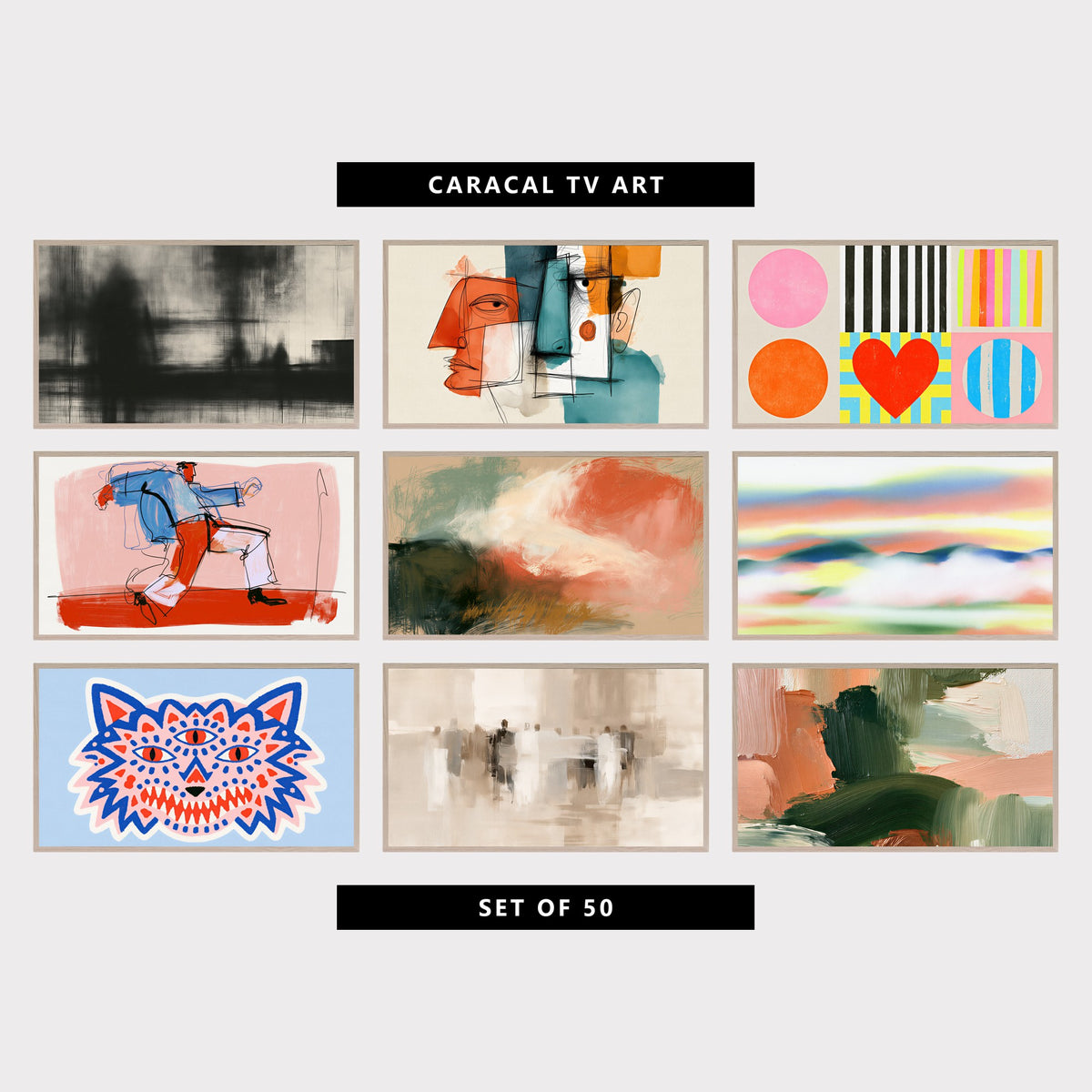 9 abstract TV artworks: moody Black and White Misty Texture, modern Cubist Faces Line Art, colorful Shapes, Stripes & Heart, abstract Dancing Man Line Art, modern Chalk Pastel Landscape, modern Misty Hills & Sunset Sky, three-Eyed Wolf Face, modern Abstract Crowd of Figures, modern Textured Impasto Brushstrokes