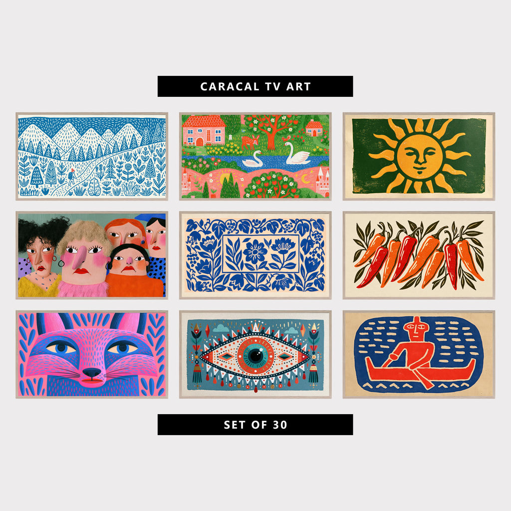 9 folk art TV artworks: blue Mountain Hiker, Pine Trees & Plants, colorful Storybook Village & Swans, vintage Woodblock Sun Face, funny Faces, Women Portrait, modern Paper Cut Flowers & Grape Vines, folk Art Linocut Chili Peppers, colorful Fox Portrait, boho Mystic Eye & Tassels, linocut Canoe Paddler & Waves