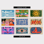 9 folk art TV artworks: blue Mountain Hiker, Pine Trees & Plants, colorful Storybook Village & Swans, vintage Woodblock Sun Face, funny Faces, Women Portrait, modern Paper Cut Flowers & Grape Vines, folk Art Linocut Chili Peppers, colorful Fox Portrait, boho Mystic Eye & Tassels, linocut Canoe Paddler & Waves