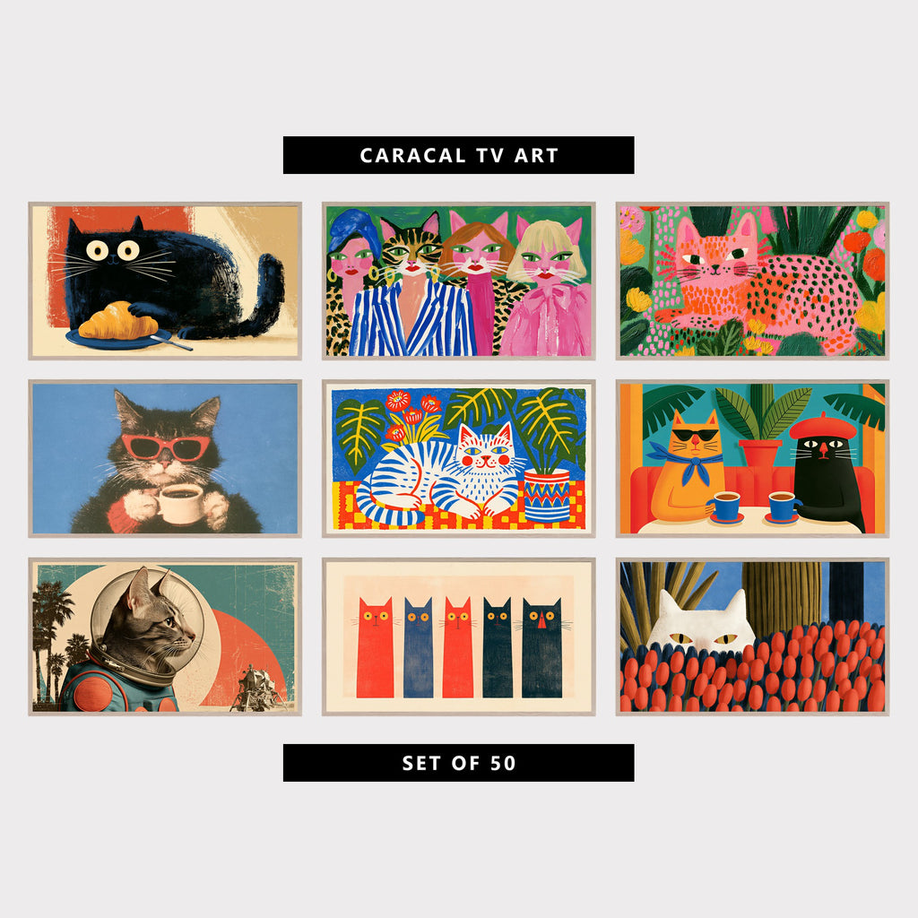 9 cat TV artworks: funny Retro French Croissant Breakfast, funny Cat Ladies Fashion Portrait, colorful Spotted Cat in a Flower Garden, retro Cat in Sunglasses with Coffee, colorful Folk Art Striped Cat & Monstera, retro Cats at a Cafe, Beret & Sunglasses, vintage Astronaut Cat & Moon Lander, mid Century Modern Five Cats, modern Cat & Tulip Garden