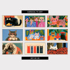 9 cat TV artworks: funny Retro French Croissant Breakfast, funny Cat Ladies Fashion Portrait, colorful Spotted Cat in a Flower Garden, retro Cat in Sunglasses with Coffee, colorful Folk Art Striped Cat & Monstera, retro Cats at a Cafe, Beret & Sunglasses, vintage Astronaut Cat & Moon Lander, mid Century Modern Five Cats, modern Cat & Tulip Garden