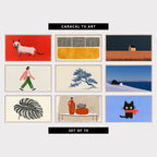 9 minimalist TV artworks: minimalist Modern White Cat, minimalist Lines & Color Block, moody Minimalist Lone Cottage, modern Woman Walking, vintage Tree Engraving, Minimalist, minimalist Snowy Cottage by the Sea, minimalist Monstera Leaf, Black and White, minimalist Table with Jug, Plates & Wine Glasses, cute Kitten in a Scarf