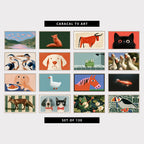 16 animal TV artworks: surreal Fish in the Sky & River Valley, cute Fox & Robin, modern Bull & Bold Brushstrokes, funny Fluffy Cat Portrait, modern Abstract Blue Herons, modern Minimalist Dog Portrait, cute Frog in the Shower, curious White Geese & Farm, funny Dog & Croissant Breakfast, cute White Duck, Minimalist, colorful Naive Horse Portrait, moody Glowing Koi Fish, vintage Red Fox & Stripes, cute Vintage Pet Portrait, frog Playing a Banjo in a Pond, folk Art Puffin Bird