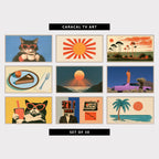 9 retro TV artworks: retro Cat in Sunglasses with Coffee, retro Sunburst & Sun Rays, retro Tree Silhouettes, Sun & Meadow, retro Chocolate Tart & Espresso, moody Ocean Sunset & Sun Rays, fashion Man on a Pink Car in the Desert, retro Cat in Sunglasses with Bubble Tea, retro Collage, Calculator Head & Slot Machine, retro Palm Tree, Sea & Sun