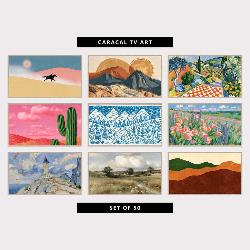 9 landscape TV artworks: rider on Desert Dunes, mid Century Mountains, Sun & River, italian Countryside, Cypress & Checkerboard, modern Saguaro Cactus & Desert Dunes, blue Mountain Hiker, Pine Trees & Plants, colorful Poppy & Lupine Field Landscape, impressionist Lighthouse, Cliffs & Swirling Clouds, vintage Moody Countryside Meadow, Cottage & Stream, mid Century Minimalist Rolling Hills