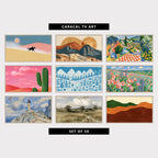 9 landscape TV artworks: rider on Desert Dunes, mid Century Mountains, Sun & River, italian Countryside, Cypress & Checkerboard, modern Saguaro Cactus & Desert Dunes, blue Mountain Hiker, Pine Trees & Plants, colorful Poppy & Lupine Field Landscape, impressionist Lighthouse, Cliffs & Swirling Clouds, vintage Moody Countryside Meadow, Cottage & Stream, mid Century Minimalist Rolling Hills