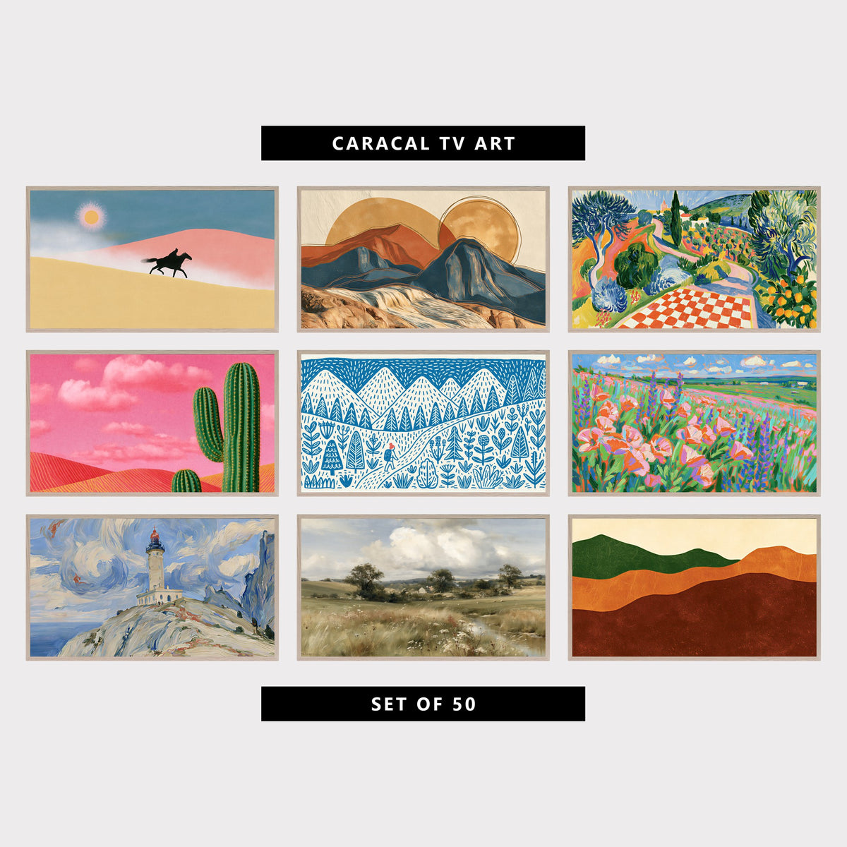 9 landscape TV artworks: rider on Desert Dunes, mid Century Mountains, Sun & River, italian Countryside, Cypress & Checkerboard, modern Saguaro Cactus & Desert Dunes, blue Mountain Hiker, Pine Trees & Plants, colorful Poppy & Lupine Field Landscape, impressionist Lighthouse, Cliffs & Swirling Clouds, vintage Moody Countryside Meadow, Cottage & Stream, mid Century Minimalist Rolling Hills