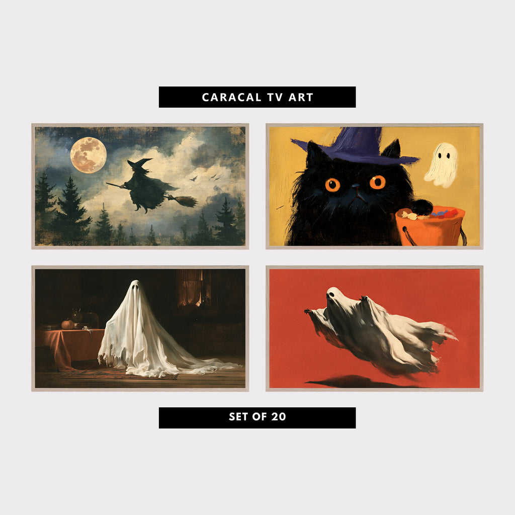 Four Halloween TV artworks: a witch on a broomstick, a black cat with candy, a ghost in a dark room and a flying ghost