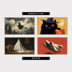 Four Halloween TV artworks: a witch on a broomstick, a black cat with candy, a ghost in a dark room and a flying ghost