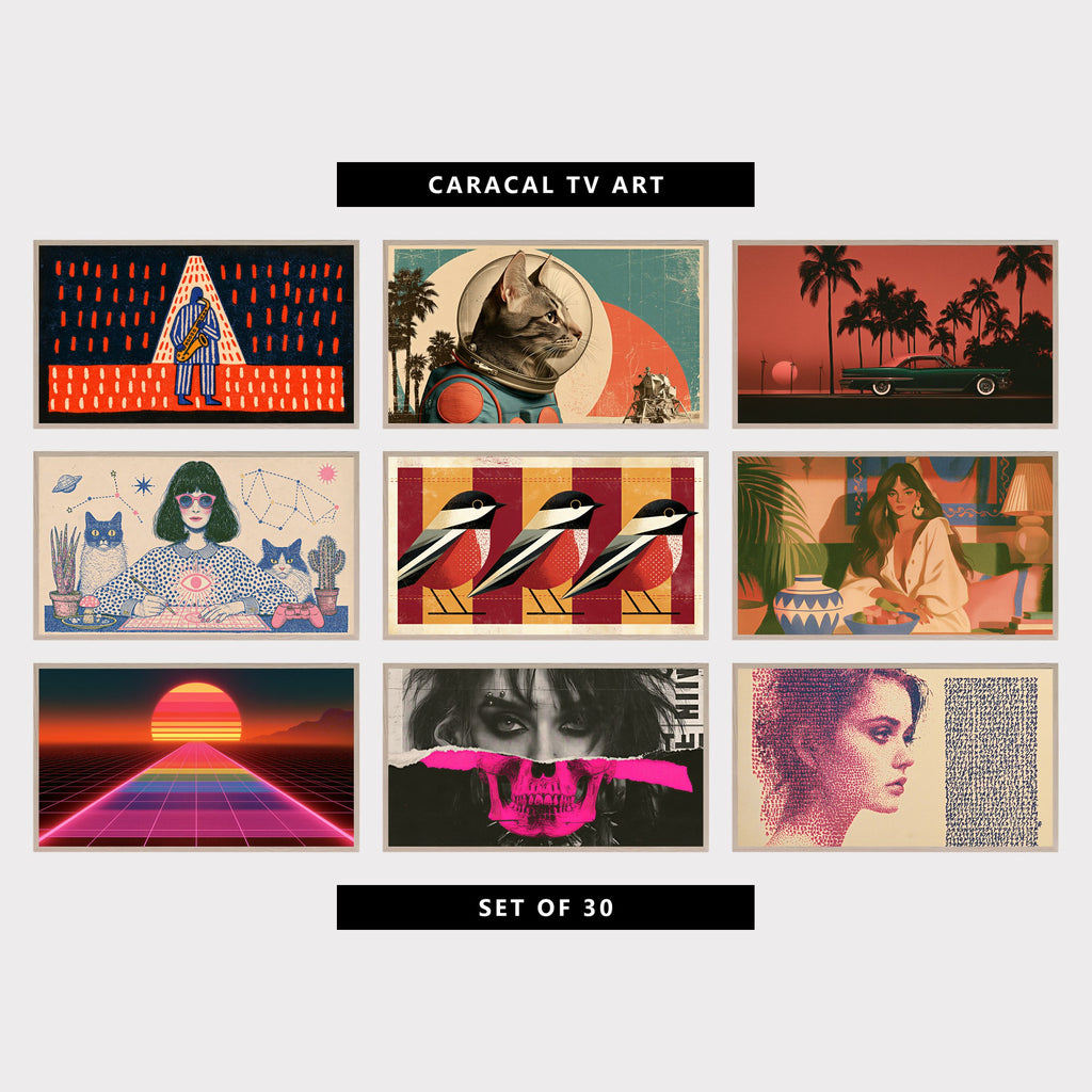 9 retro TV artworks: retro Jazz Saxophone Player, vintage Astronaut Cat & Moon Lander, retro Classic Car, Palm Trees & Sunset, retro Celestial Astrology & Cats, mid Century Geometric Birds, retro Boho Woman Portrait, 80s Synthwave Sunset & Neon Grid, retro Punk Skull Collage Portrait, retro Stipple Portrait of a Woman