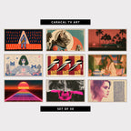 9 retro TV artworks: retro Jazz Saxophone Player, vintage Astronaut Cat & Moon Lander, retro Classic Car, Palm Trees & Sunset, retro Celestial Astrology & Cats, mid Century Geometric Birds, retro Boho Woman Portrait, 80s Synthwave Sunset & Neon Grid, retro Punk Skull Collage Portrait, retro Stipple Portrait of a Woman
