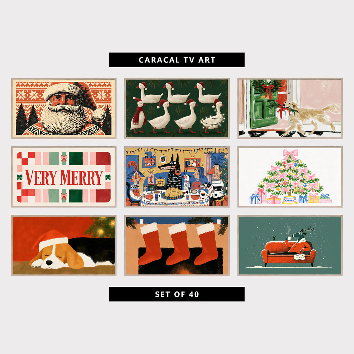 Nine Christmas TV artworks: a Nordic Santa, geese in Santa hats, a labrador with a present, Very Merry lettering, a folk dinner, a pink bow tree, a sleeping beagle, three stockings and a reindeer with cocoa