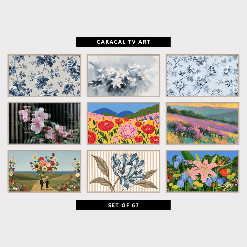 9 floral TV artworks: vintage Blue and White Floral Toile, neutral White Flowers, vintage Toile Wild Roses & Berries, modern Blossoms Behind Fluted Glass, colorful Poppy Field, Hills & Wildflowers, impressionist Heather Hills Landscape, surreal Flower Collage & Seaside Path, botanical Tulip & Stripes, tropical Flower Garden, Lily, Iris & Bird of Paradise