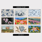 9 floral TV artworks: vintage Blue and White Floral Toile, neutral White Flowers, vintage Toile Wild Roses & Berries, modern Blossoms Behind Fluted Glass, colorful Poppy Field, Hills & Wildflowers, impressionist Heather Hills Landscape, surreal Flower Collage & Seaside Path, botanical Tulip & Stripes, tropical Flower Garden, Lily, Iris & Bird of Paradise