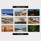 9 landscape TV artworks: minimalist Snowy Cottage by the Sea, textured California Coast, Cliffs & Poppies, woman Running Over Green Hills, impressionist Heather Hills Landscape, moody Vintage Birch Trees & Country Road, textured Hillside Trees & Clouds, mid Century Father & Daughter with a Kite, surreal Fish in the Sky & River Valley, moody Winding Road & Rolling Hills