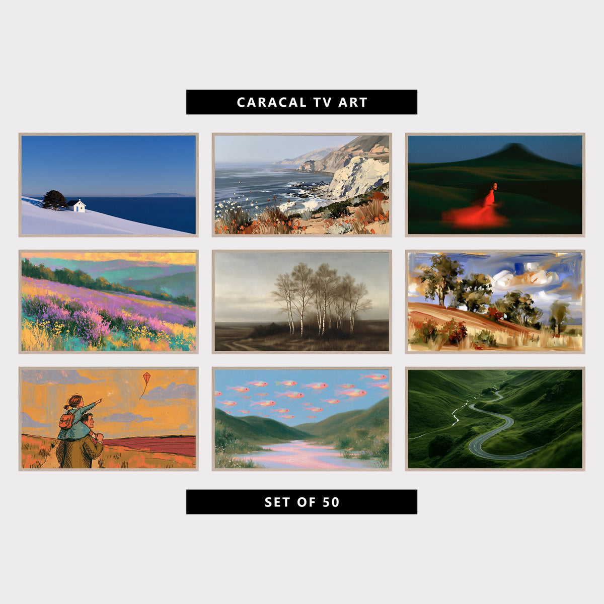 9 landscape TV artworks: minimalist Snowy Cottage by the Sea, textured California Coast, Cliffs & Poppies, woman Running Over Green Hills, impressionist Heather Hills Landscape, moody Vintage Birch Trees & Country Road, textured Hillside Trees & Clouds, mid Century Father & Daughter with a Kite, surreal Fish in the Sky & River Valley, moody Winding Road & Rolling Hills