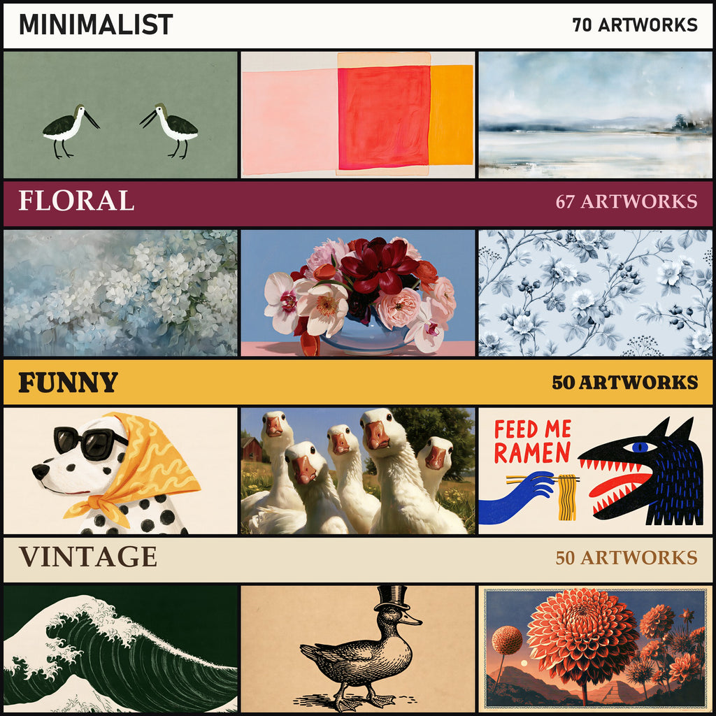 Minimalist, Floral, Funny and Vintage Frame TV art bundles in the mega bundle: 3 sample artworks from each, with its number of artworks