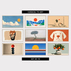 9 minimalist TV artworks: retro Sun & Fluffy Clouds, retro Mountain Lake & Sun, line Drawing, Sunset Sea View & Tea, minimalist Brushstroke Portrait, Lightning Bolt, mediterranean Mosaic Tree & Hills, modern Minimalist Dog Portrait, modern Zen Stacked Stones & Red Sun, retro Sunset over the Sea, Minimalist Stripes, modern Minimalist Orange Tree in a Teacup