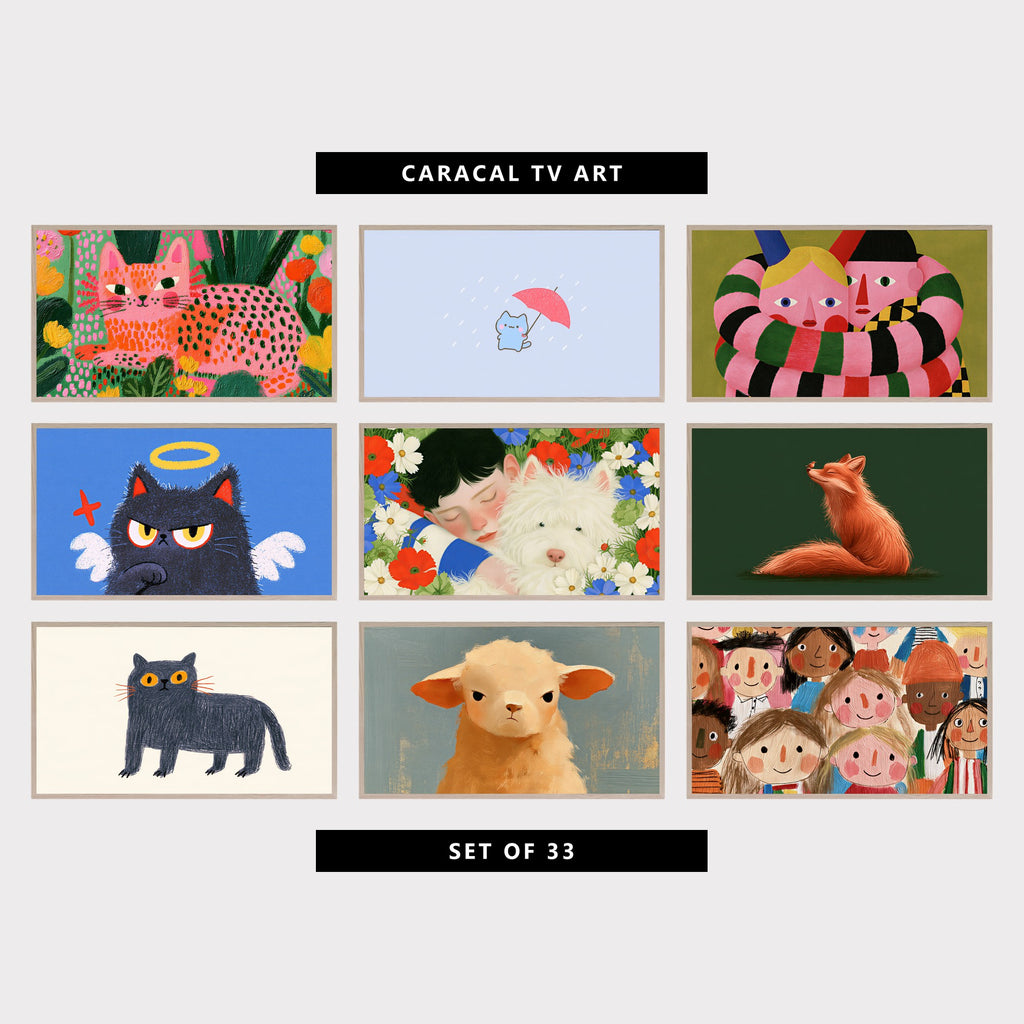 9 cute TV artworks: colorful Spotted Cat in a Flower Garden, cute Kitten, Umbrella & Rain, funny Modern Portrait, Long Striped Arms, cute Angel Kitten with Halo, cute West Highland Terrier & Flowers, cute Fox & Robin, cute British Blue Cat Sketch, grumpy Lamb Portrait, cute Naive Smiling Faces Crowd