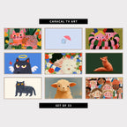 9 cute TV artworks: colorful Spotted Cat in a Flower Garden, cute Kitten, Umbrella & Rain, funny Modern Portrait, Long Striped Arms, cute Angel Kitten with Halo, cute West Highland Terrier & Flowers, cute Fox & Robin, cute British Blue Cat Sketch, grumpy Lamb Portrait, cute Naive Smiling Faces Crowd