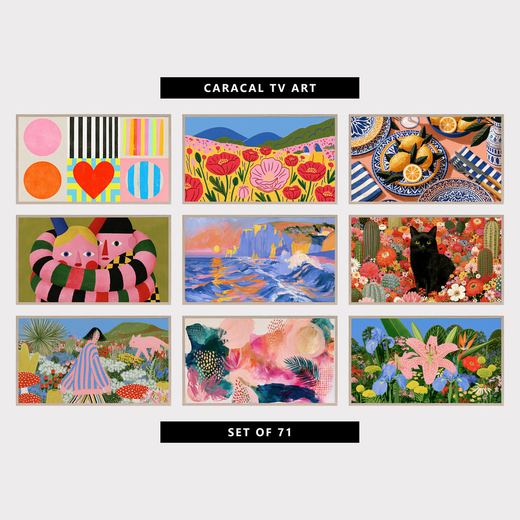 9 colorful TV artworks: colorful Shapes, Stripes & Heart, colorful Poppy Field, Hills & Wildflowers, mediterranean Lemons & Blue Plates, funny Modern Portrait, Long Striped Arms, impressionist Sea Cliffs, Sunset & Waves, colorful Flowers & Cactus Garden, cute Flower Garden, Mushrooms & Pink Fox, abstract Tropical Palm Leaf & Gold Sun, tropical Flower Garden, Lily, Iris & Bird of Paradise