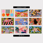 9 colorful TV artworks: colorful Shapes, Stripes & Heart, colorful Poppy Field, Hills & Wildflowers, mediterranean Lemons & Blue Plates, funny Modern Portrait, Long Striped Arms, impressionist Sea Cliffs, Sunset & Waves, colorful Flowers & Cactus Garden, cute Flower Garden, Mushrooms & Pink Fox, abstract Tropical Palm Leaf & Gold Sun, tropical Flower Garden, Lily, Iris & Bird of Paradise