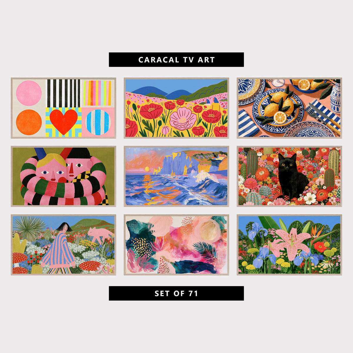 9 colorful TV artworks: colorful Shapes, Stripes & Heart, colorful Poppy Field, Hills & Wildflowers, mediterranean Lemons & Blue Plates, funny Modern Portrait, Long Striped Arms, impressionist Sea Cliffs, Sunset & Waves, colorful Flowers & Cactus Garden, cute Flower Garden, Mushrooms & Pink Fox, abstract Tropical Palm Leaf & Gold Sun, tropical Flower Garden, Lily, Iris & Bird of Paradise
