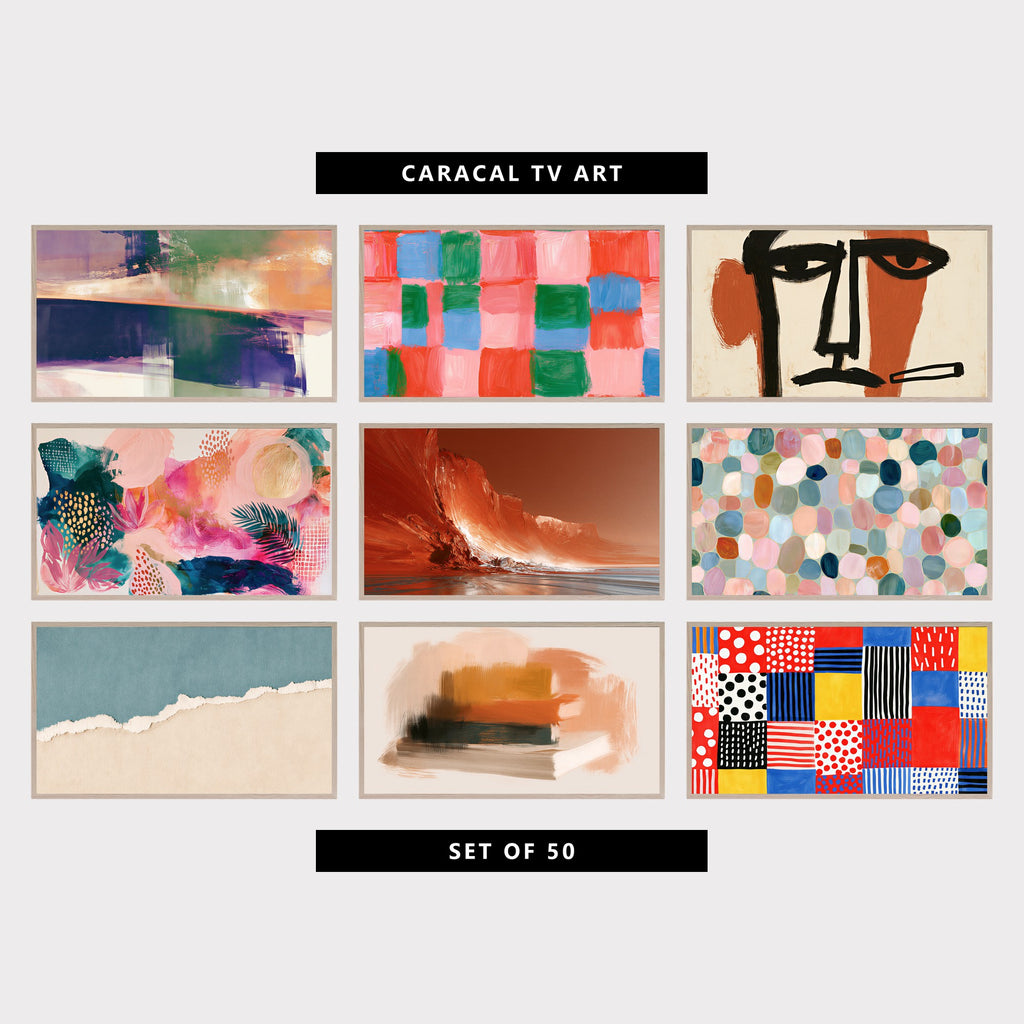 9 abstract TV artworks: modern Textured Brushstrokes & Color Blocks, abstract Painted Checkered Pattern, modern Face Line Art, Bold Brushstrokes, abstract Tropical Palm Leaf & Gold Sun, modern Sea Cliffs, Crashing Wave & Shore, modern Pastel Pebble Mosaic, minimalist Torn Paper Color Field, modern Painterly Stack of Books, modern Polka Dot & Stripe Patchwork