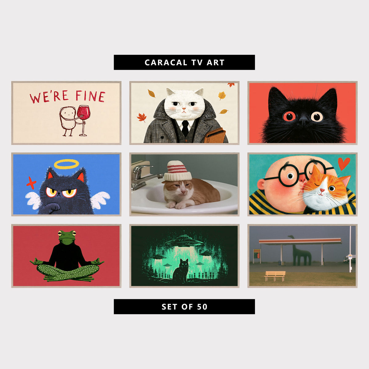 Nine funny TV artworks: "We're Fine" doodle with a glass of wine, gentleman cat in a tweed coat, black cat with big odd eyes, grumpy angel kitten with a halo, ginger cat in a knit hat in the sink, man in round glasses with his ginger cat, frog in a yoga pose, black cat watching UFOs and aliens, dinosaur at a foggy gas station