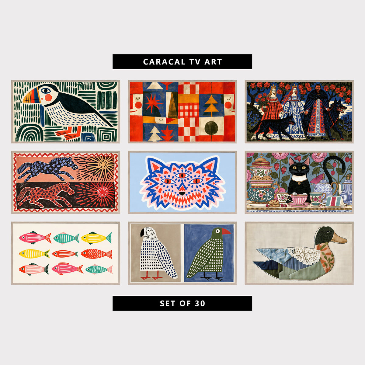 9 folk art TV artworks: folk Art Puffin Bird, colorful Patchwork Trees, Stars & Gingham, colorful Fairy Tale Princesses, Wolves & Roses, star Horses & Suns, three-Eyed Wolf Face, vintage Tea Party & Roses, colorful Folk Fish, folk Art Polka Dot Pair, Mid Century, vintage Patchwork Duck with Lace