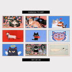 9 cat TV artworks: tabby Cat Eating Pasta & Flowers, colorful Ginger Cat, Record Player & Flowers, two Cats & Love Heart, minimalist Modern White Cat, cute Kitten in a Scarf, three-Eyed Wolf Face, cute Angel Kitten with Halo, vintage Tea Party & Roses, minimalist Cat Catching a Whale