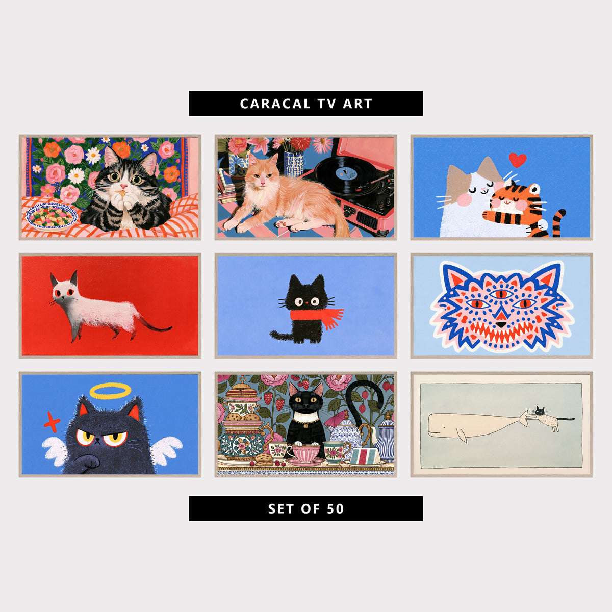 9 cat TV artworks: tabby Cat Eating Pasta & Flowers, colorful Ginger Cat, Record Player & Flowers, two Cats & Love Heart, minimalist Modern White Cat, cute Kitten in a Scarf, three-Eyed Wolf Face, cute Angel Kitten with Halo, vintage Tea Party & Roses, minimalist Cat Catching a Whale