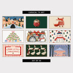 Nine modern Christmas TV artworks: gingerbread village in the snow, hedgehog ornament in a red knit sweater, fox in a Christmas sweater, pink bow Christmas tree with gifts, fluffy cats in a gift box, snowman among pine trees, "Merry Little Christmas" on stripes, geese in Santa hats with lights, snowy carousel in a park