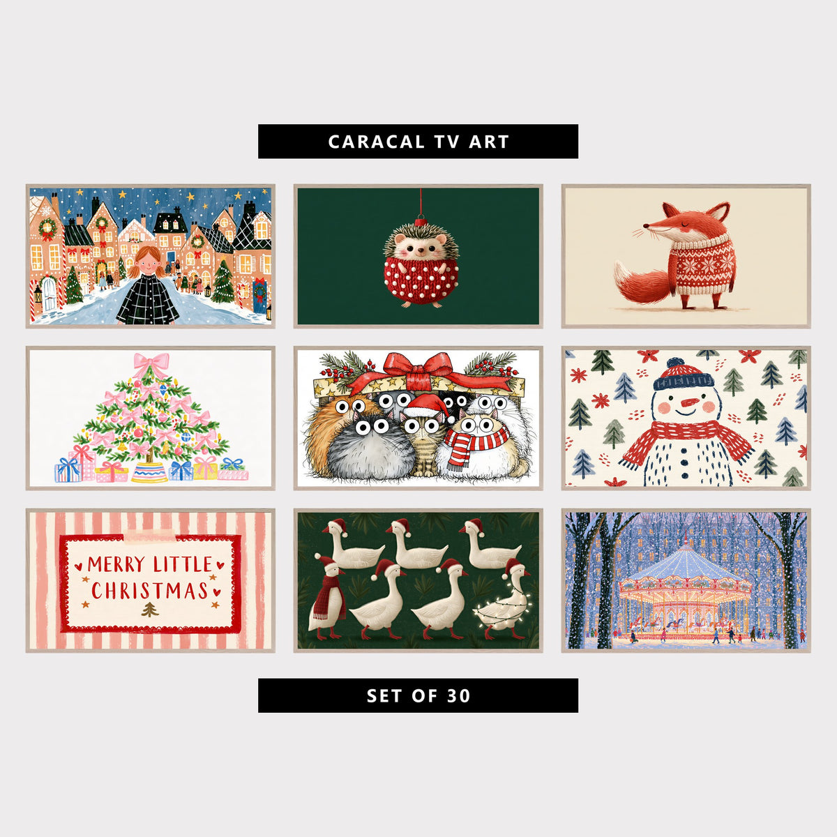 Nine modern Christmas TV artworks: gingerbread village in the snow, hedgehog ornament in a red knit sweater, fox in a Christmas sweater, pink bow Christmas tree with gifts, fluffy cats in a gift box, snowman among pine trees, "Merry Little Christmas" on stripes, geese in Santa hats with lights, snowy carousel in a park