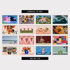 16 modern TV artworks: colorful Pop Art Penguin Portrait, mediterranean Lemons & Blue Plates, tropical Flower Garden, Lily, Iris & Bird of Paradise, moody Aerial Ocean Waves & Sea Foam, bold Fashion Portrait with Flowers, cute Minimalist Sofa & Flower Pillows, modern Party Table, Champagne & Cherries, modern Sunflower & Swirling Sky, minimalist Ocean View Terrace & Lemonade, modern Snow Monkeys & Red Dots, woman with Dachshund Portrait, and more