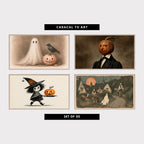 Four Halloween TV artworks: a ghost with a crow, a pumpkin head portrait, a little witch and a ghost village